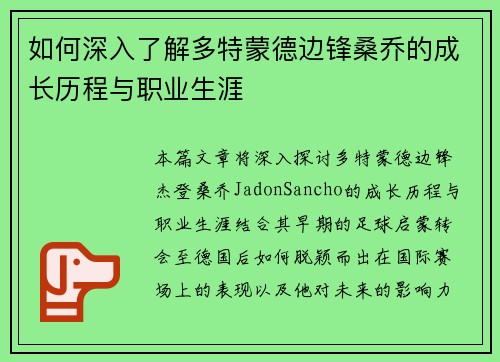 如何深入了解多特蒙德边锋桑乔的成长历程与职业生涯